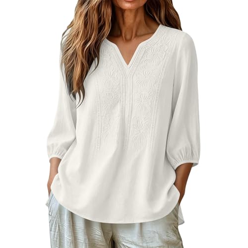 Embroidered Tops for Women 3/4 Sleeve Cotton Linen Shirt Boho V-Neck Blouse - image 6