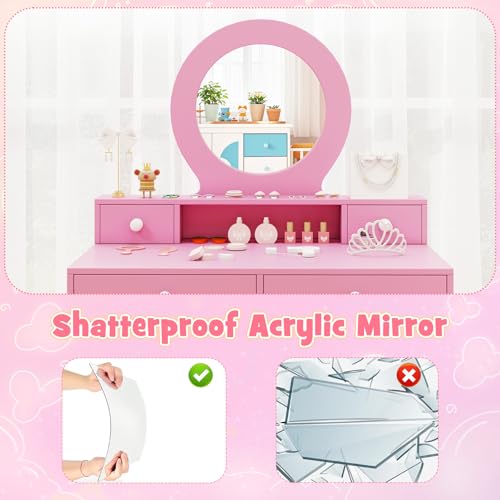 Image of HONEY JOY Kids Vanity, Little Girls Vanity Set with Mirror and Stool, Drawers, Toddler Makeup Vanity Dressing Table, Wooden Pretend Play Kids Vanity Table and Chair Set (Pink)