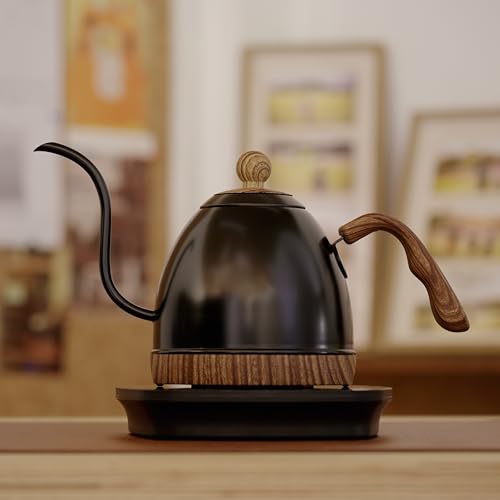 Barismate Electric Stainless Steel Gooseneck Kettle Temperature Control Variable For Coffee Tea Water Pour Over 1000 Watt Quick Heating 0.6 Liter Boil-dry Protection Touch Screen Matte Black