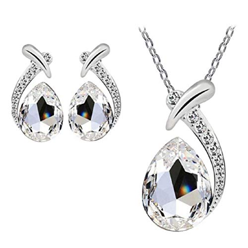 Mitiy Women's Shiny Crystal Rhinestone Silver Plated Pendent Chain Necklace Stud Earring Costume Fashion Jewelry Set