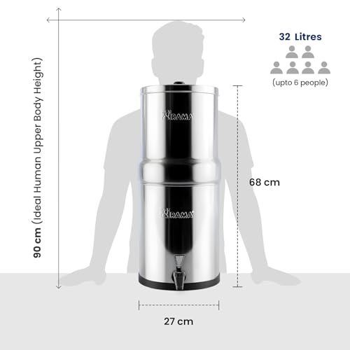 Image of RAMA Gravity Water Filter | 32L Total Capacity (16L Storage) | 304 Stainless Steel Non-Electric Water Purifier Filter for Home | Includes 4 Spirit 7 inch Ceramic Candles | 10-Year Warranty