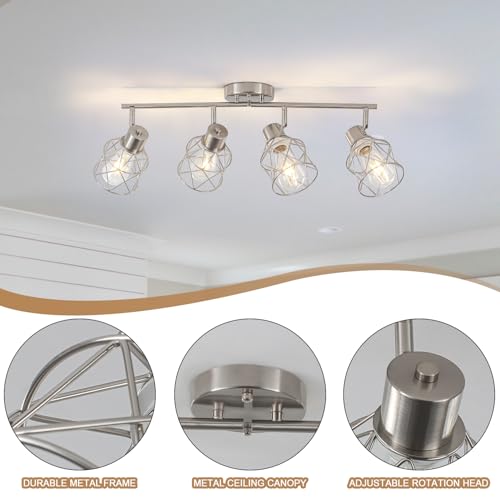Image of BUXVRCS Adjustable Multi-Directional Brushed Nickel Light Fixtures, Semi Flush Mount Ceiling Light, Kitchen Light Fixtures Ceiling Mount, Geometric Metal Cage Industrial Spotlight Fixtures