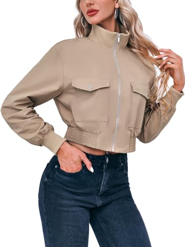 Fisoew Women's Cropped Bomber Jackets Lightweight Zip Up Stand Collar Long Sleeve Short Jacket with Pockets2