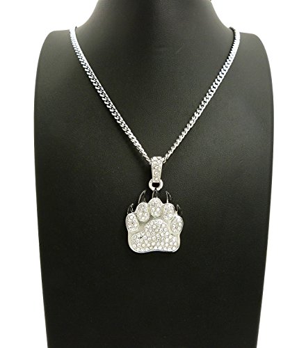 NYFASHION101 Stone Stud Black Accent Grizzly Bear Paw Pendant with 3mm 24" Cuban Chain Necklace2