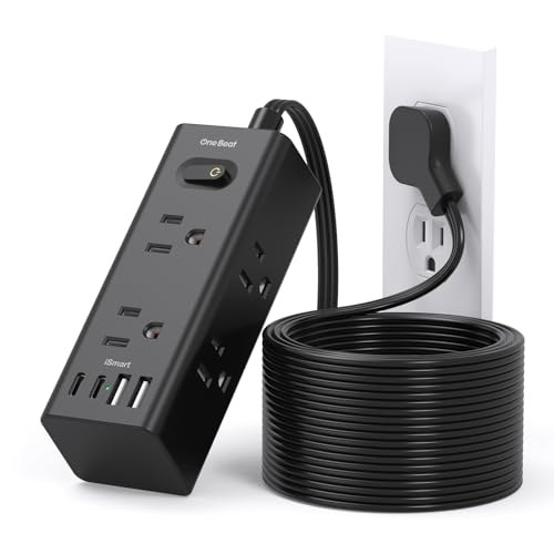 Image of 15Ft Extension Cord with Multiple Outlets, Flat Plug Power Strip Surge Protector with 15 Ft Long Cord, 6 Outlet 4 USB Ports (2 USB C), Multi Outlet Wall Plug for College, Dorm Room Essentials(Black)