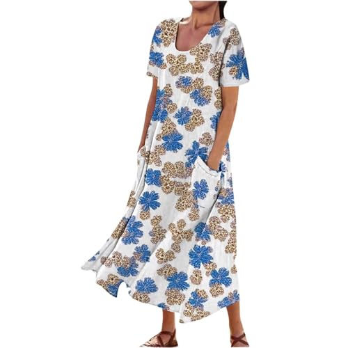 Oyuchga Vestido largo de verano para mujer, vestido de verano vintage, estampado floral, manga corta, tallas grandes, cuello redondo, vestido de playa, vestido largo, holgado, informal, túnica