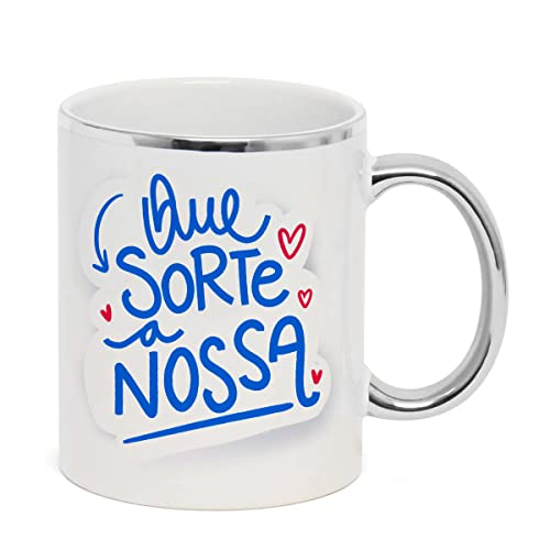 Caneca Cerâmica Branca Cromada Prata DIA DOS NAMORADOS SORTE NOSSA FRASE