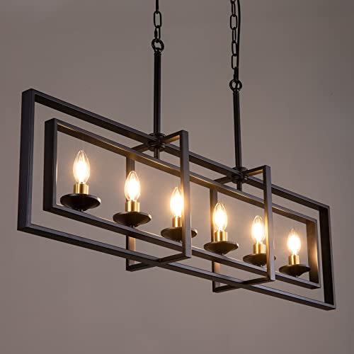 Wellmet Black Gold Modern Chandelier, Rectangle Industrial Pendant Light, 6-Light Farmhouse Rustic Chandelier for Dining Room, Kitchen Island, Living Room, Foyer, Hallway