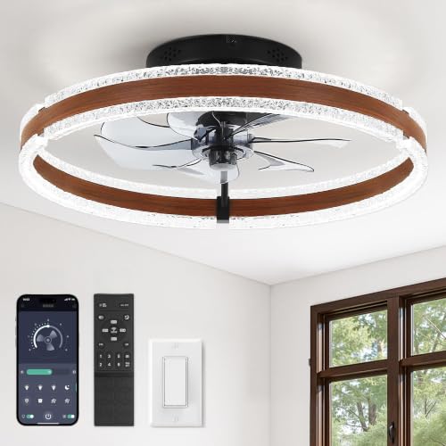 LEDIARY 20'' Modern Low Profile Ceiling Fans with Lights and Remote, Walnut