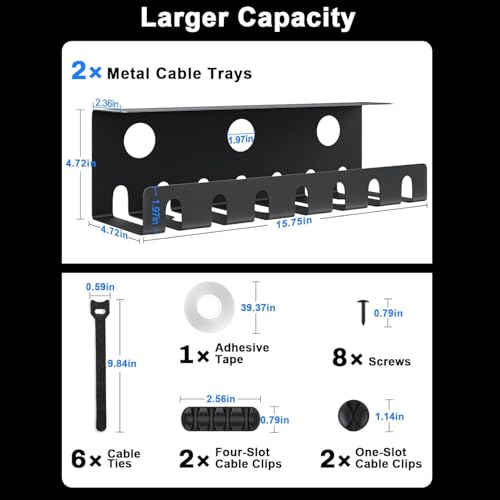Organizador de cables bajo escritorio para oficina y hogar con clips de montaje y adhesivo de pared (Negro, 16 x 4 x 3 pulgadas, Agujero circular para cables finos) miniatura 2