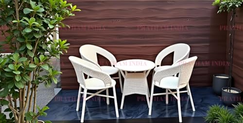 Image of India Outdoor Indoor 4+1 Piece All Weather Wicker Patio Chair and Table Set with Iron Frame for Balcony Garden Poolside Deck (Cream with Light Orange Cushion)