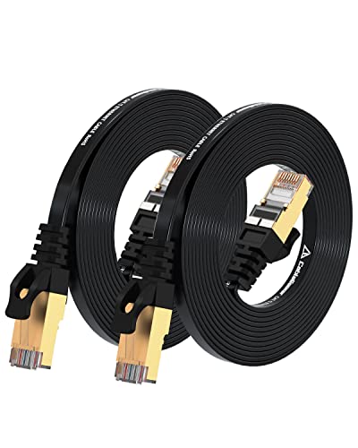 Cat 7 Shielded Ethernet Cable 8Ft 2Pack (Highest Speed Cable) Cat7 Black Flat Internet Network Cables, For Modem, Router, Lan, Computer - Compatible With Cat 5E, Cat 6 Network #TOP18