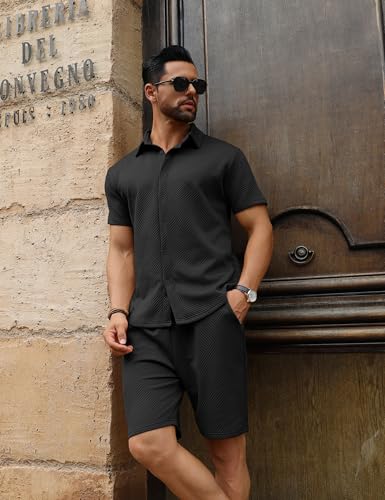 URRU Men's Shirt and Shorts Set Summer Outfits Short Sleeve Casual Button Down 2 Piece Shorts Set Black L URRU Men's Shirt and Shorts Set Summer Outfits Short Sleeve Casual Button Down 2 Piece Shorts Set Black L - Image 3