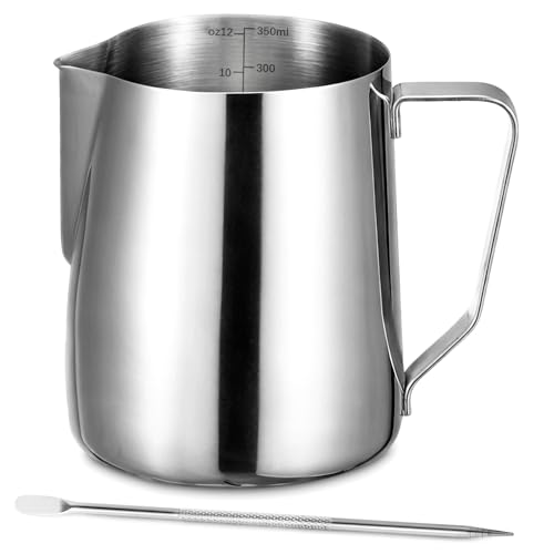 Milchkännchen - 350ml/12oz Milchkanne Edelstahl mit Messung Mark Und Latte Art Pen, Kaffee Creamer Milch Aufschäumer Kännchen Tasse für Cappuccino, Espresso, Latte Art, Perfekt für Kaffeeliebhabe