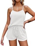 Ekouaer Pajamas for Women Soft Lingerie Sleepwear 2 Piece Cami Shorts Set Waffle Knit Pj Loungewear,White,M