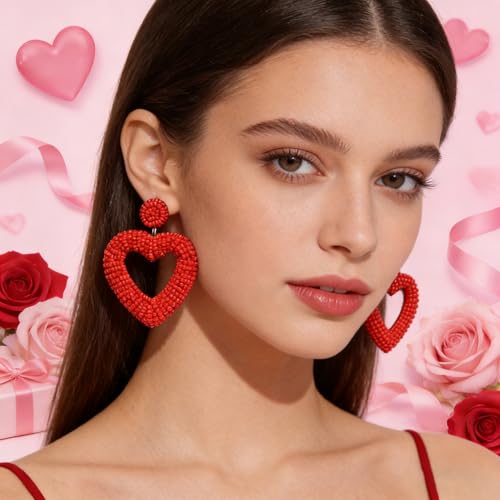 CEALXHENY Beaded Drop Earrings Handmade Seed Bead Heart Hoop Dangle Earrings Bohemia Statement Earring Studs for Women (Red) by CEALXHENY - Used condition - Image 3