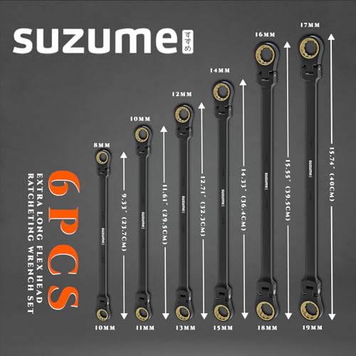 Image of Extra long flex head ratcheting wrench set 6PCS Metric (8-19 mm) double box end ratcheting wrench set with180 Flex Head Black Electrophoretic Coating ratchet wrenches set for Auto Machine Repair