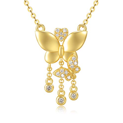 SISGEM 14k Real Yellow Gold Butterfly Necklace with Moissanite,Dainty Textured Two Butterfly Pendant Necklace Insect Animal Fine Jewelry Gifts for Women,16"+2" Extender Chain (14K-Yellow)
