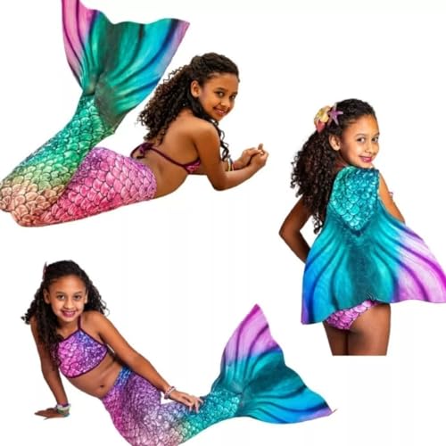 Kit Cauda De Sereia C/Nadadeira + Biquíni Infantil Completo (Rosa com Azul, GG)