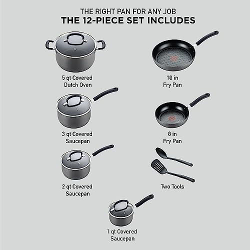 T-fal Ultimate Hard Anodized Nonstick Cookware Set 12 Piece, Oven Broiler Safe 400F, Lid Safe 350F, Kitchen Cooking Set w/Fry Pans, Saucepans, Dutch Oven, Pots and Pans, Dishwasher Safe, Onyx by T-Fal - Image 2
