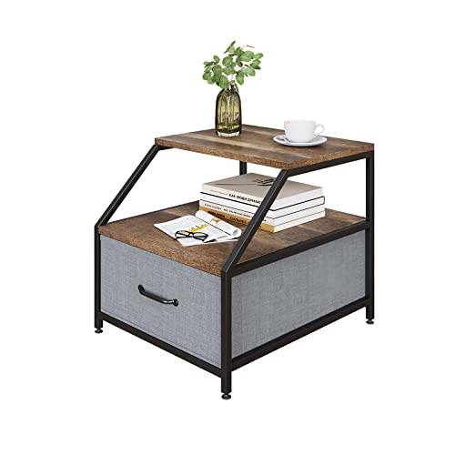 TREETALK Beistelltisch, industrieller Beistelltisch mit schrägem abgewinkeltem Ablage, herausnehmbarer Stoffschublade und verstellbaren Beinpolstern, Schlafzimmer (1 Stück, grau) Cover