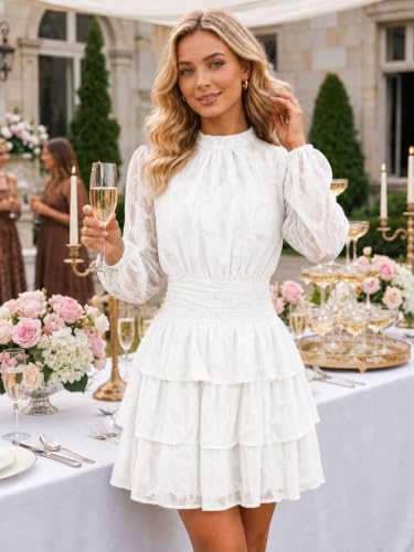 Image of Wenrine Womens Long Sleeve Lace Mini Dress Wedding Guest Dresses | Cut Out, High Waist, Ruffle Design, Tiered Smocked, Mesh, Layer, Button Back, Night Out, Fall Winter