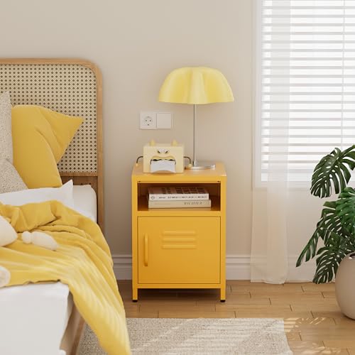 Lendo Online Comodino in Metallo 40x40x55 cm – Mobiletto con Anta – Tavolino Laterale per Camera da Letto e Soggiorno (Giallo)