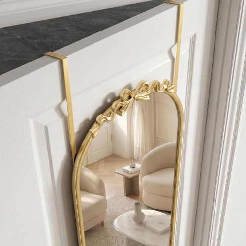 Image of Besdomus Door Mirror Full Length: 14 inchx50 inch Gold Bow Over The Door Hanging | French Antique Baroque Metal Framed - Traditional Ornate Full Body for Girls Bedroom /Cloakroom /Living Room - Ideal for Girl