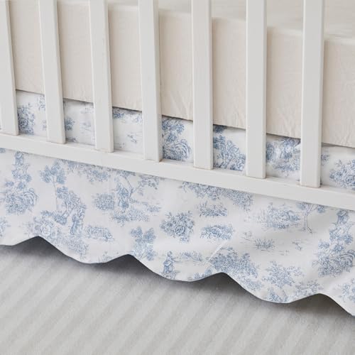 Image of Brandream French Country Toile Crib Skirt, Baby Girl Gender Neutral Crib Skirt Scalloped Toddler Bedskirt Vintage Blue Toile Floral Print 100% Cotton Farmhouse Chic Nursery Crib Bed Skirt