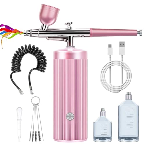Airbrush Kit-Cordless Airbrush Compressor, Auto Handheld Airbrush Gun, Rechargeable,Portable Wireless Air Brush, Airbrush Machine for Nail Art, Painting, Cake Decor, Barber, Makeup, Model (Pink)