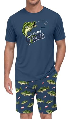 PrinStory Men's I've Got Game Pajama Set, Bass Fish Graphic Tee and Printed Shorts, Novelty Sleepwear Loungewear Set for Home, Fishing Gift, Blue M