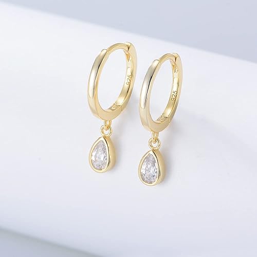 Miniatura 63 de Dainty Sterling Silver Hoop Dangle Earrings for Women, OUXi 18K Gold Plated Huggie Drop Earrings with Cubic Zirconia, Moon Star Small Hoop Earring