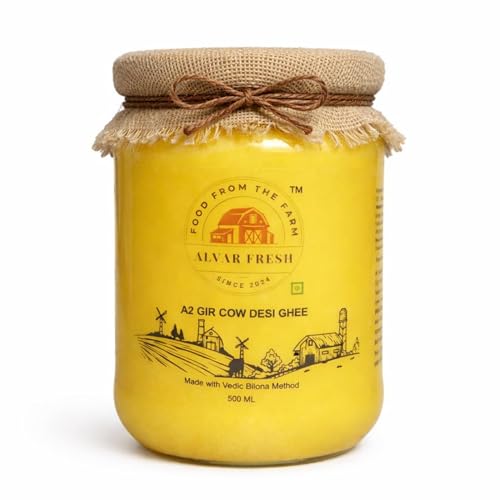 Image of Alvar Fresh A2 Gir Cow Desi Ghee 500ml | Traditional Vedic Bilona Method | Pure Cultured Ghee from Gir Cow Milk | Natural Aroma & Rich Taste | Premium Glass Jar Packaging