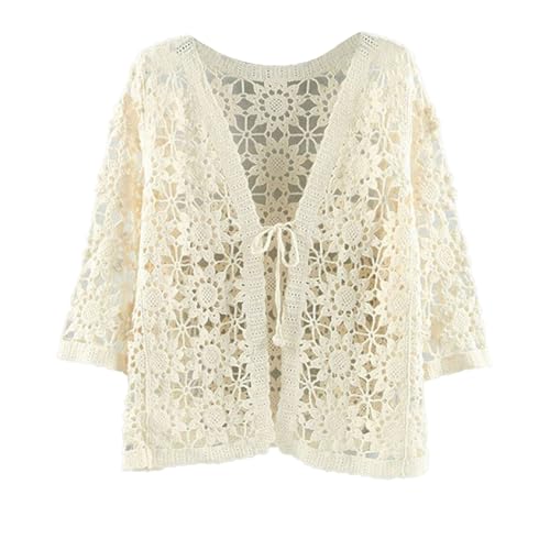 Chevara Women’s Casual Summer Lace Cardigan 3/4 Sleeve Floral Crochet Tie Front Cardigans Shrug Sweaters - Main Image