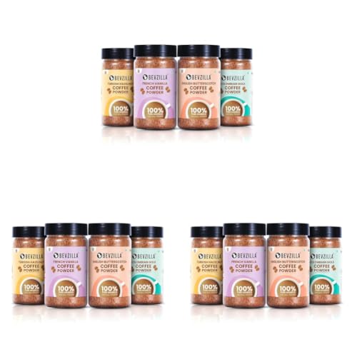 Image of Bevzilla 75 Grams X 4 Flavoured Instant Coffee Powder Pack of Colombian Gold, Turkish Hazelnut, French Vanilla & English Butterscotch | 75 Gms Each | Bottle| Premium Arabica Instant Coffee (Pack of 3)
