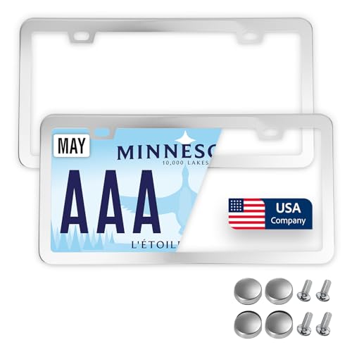 Image of Premium Slim Chrome Polish Mirror License Plate Frames - 2 Pack, Rust-Free Stainless Steel & Rattle-Free, Street Legal, Universal with Screw Caps, Thin Metal Front & Rear Car Tag Holders Unisex