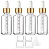 Bumobum 1 oz Dropper Bottle, Clear Glass Dropper Bottle with Glass Measured Dropper & Golden Cap, Empty Eye Tincture Bottles with Funnel & Labels for Essential Oils Serums Tavel Liquids, 4 Pack
