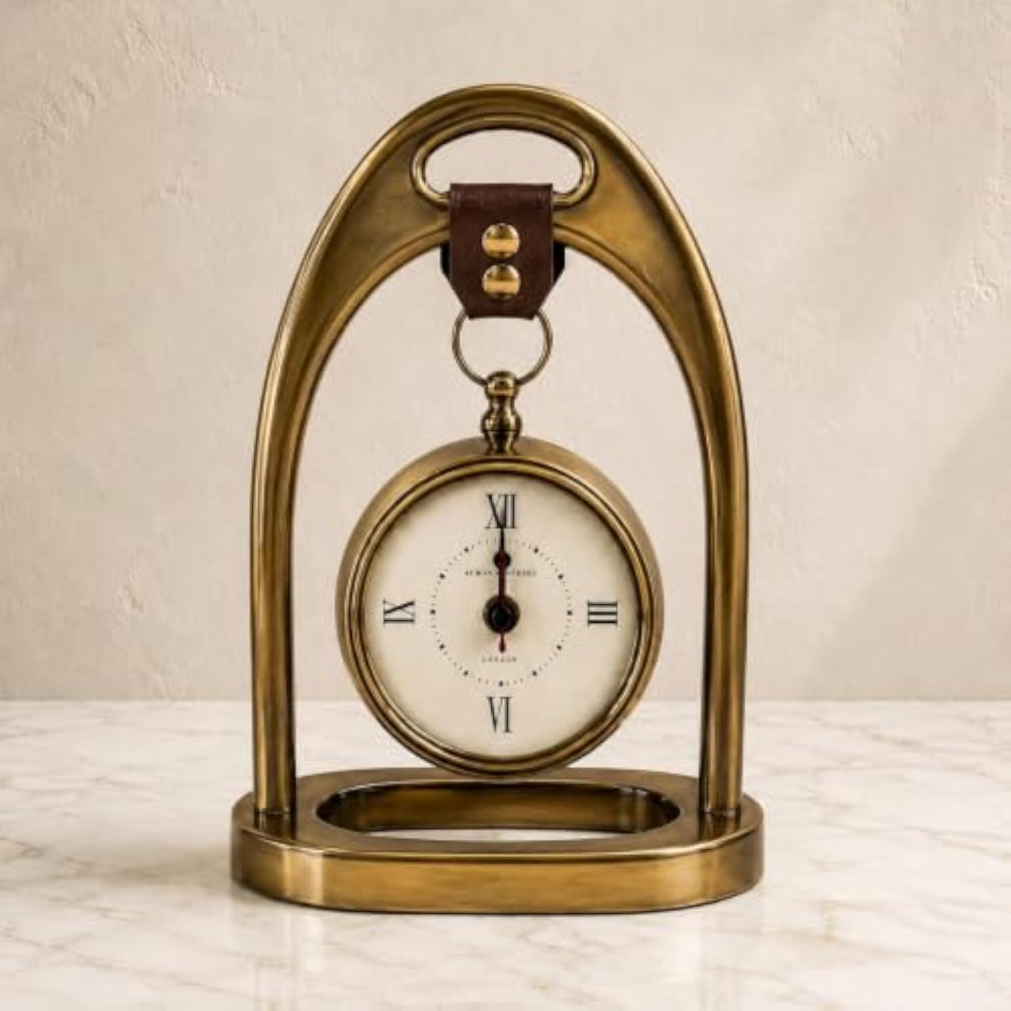 Antique Brass Stirrup Desk Clock with Leather Strap