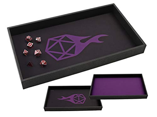 Forged Dice Co. Dice Tray 14 - Double Sided and Removable Neoprene Rolling Dice Mat - for Any Dice or Board Game Tabletop RPGs Like D&D Pathfinder Roleplaying Game Black Tray w/Purple D20 Icon Mat