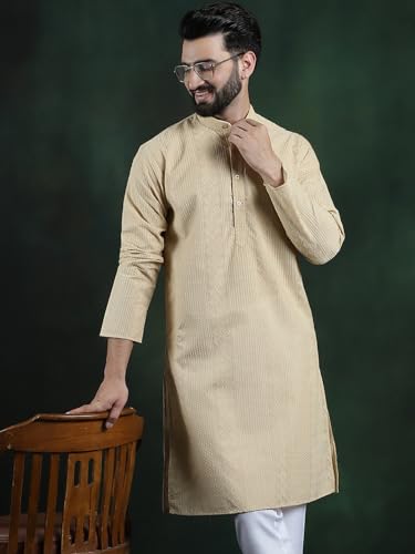 Image of SOJANYA (Since 1958 Men's Pure Cotton Checked Embroidered Long Kurta | Traditional for Diwali Celebrations