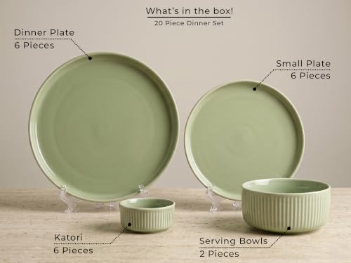 Image of Bodhi House 20-Piece Ribbed Porcelain Dinnerware Set | Quarter Plates, Katori & Serving Bowls, Chip Resistant, Lightweight, Microwave & Dishwasher Safe Crockery Set, Tea Green