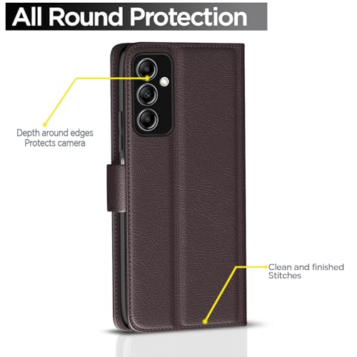 Image of Pikkme Flip Cover Leather Finish | Inside TPU with Card Pockets | Wallet Stand and Shock Proof | Complete Protection Button Flip Case for Samsung Galaxy F23 5G (Coffee)