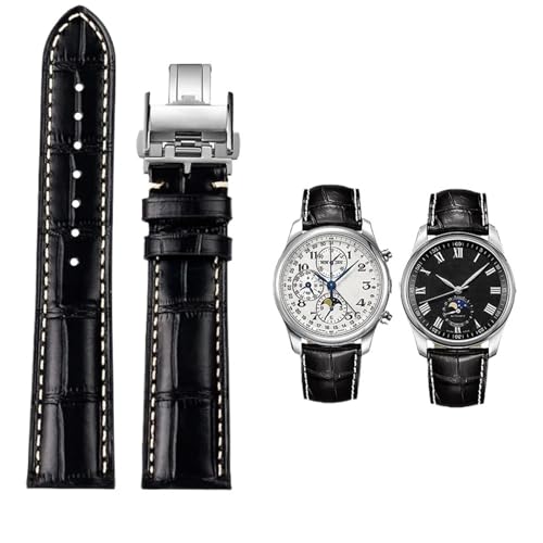 Bracelet de montre cuir 21mm noir boucle papillon argent compatible Longines Masters L3 L4