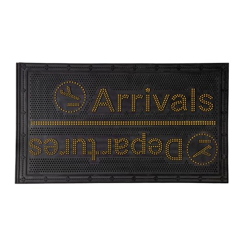 FISURA - Originelle Gummifußmatte Arrivals/Departures. Schwarze und gelbe Fußmatte für draußen. Fußmatte für den Eingang mit Spikes. Gummifußmatte mit Botschaft. Fußabtreter 70 x 40 Zentimeter.