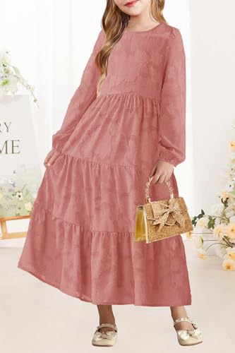 MITILLY Girls Fall Long Sleeve Dress Boho Flower A-Line Ruffle Tiered Flowy Maxi Dresses for Wedding Party 6-12 Years4