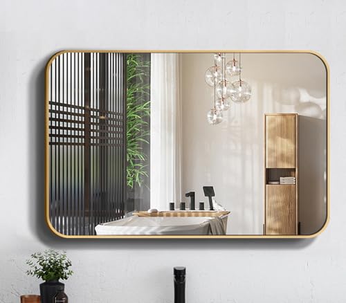 Redlife Espejo Baño Dorado, 55x76 CM Rectangular de Pared, Decorativo para Colgar, Templado a Prueba de Explosiones Con Marco de Metal, para Entrada Recibidor y Tocador