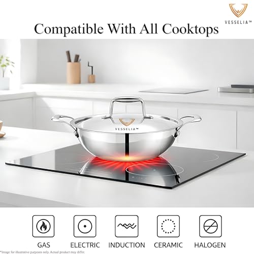 Image of Triply Stainless Steel Kadai with Lid 24 cm (2.5L) | Heavy Bottom | Induction & Gas Compatible | Mirror Finish | Ideal for Cooking & Frying