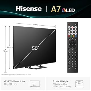 Hisense 50" 50A7QTUK QLED Smart AI TV - 4K Direct Lit Viewing, Quantum Dot Colour, Hi-View AI Engine, Built in Subwoofer, Dolby Vision, Dolby Atmos with with Freely, Disney +, YouTube, Netflix