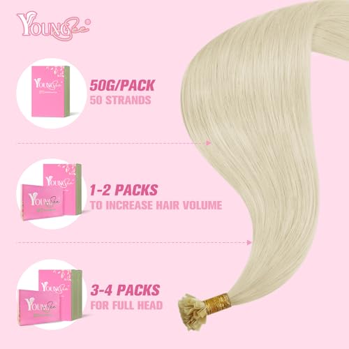 Image of YoungSee Blonde K Tips Hair Extensions Real Human Hair Platinum Blonde 20 in 1G /S 50G Keratin Bond
