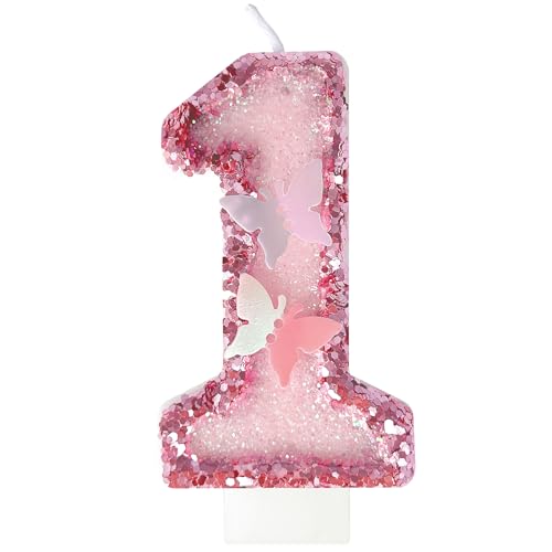 JonesLi 1st Birthday Candles, Glitter Butterfly Cake Toppers Pink Sequins Wedding Numeral Cupcake Decorations, Suitable for Girl and Boy Wedding Cakes, Party Celebrations, Birthday Decorations